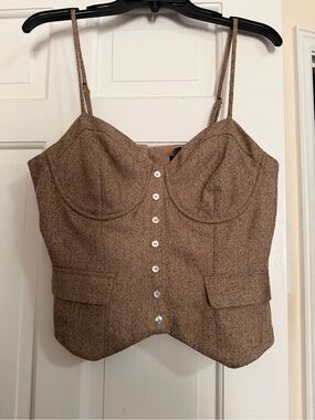 NWT Express Brown Tweed Bustier Crop Top with Buttons